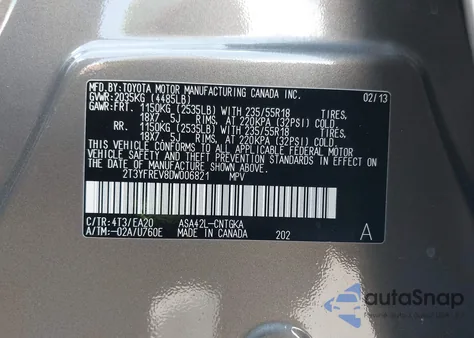 2013 Toyota Rav4 Limited из США, поврежденный, VIN 2T3YFREV8DW006821